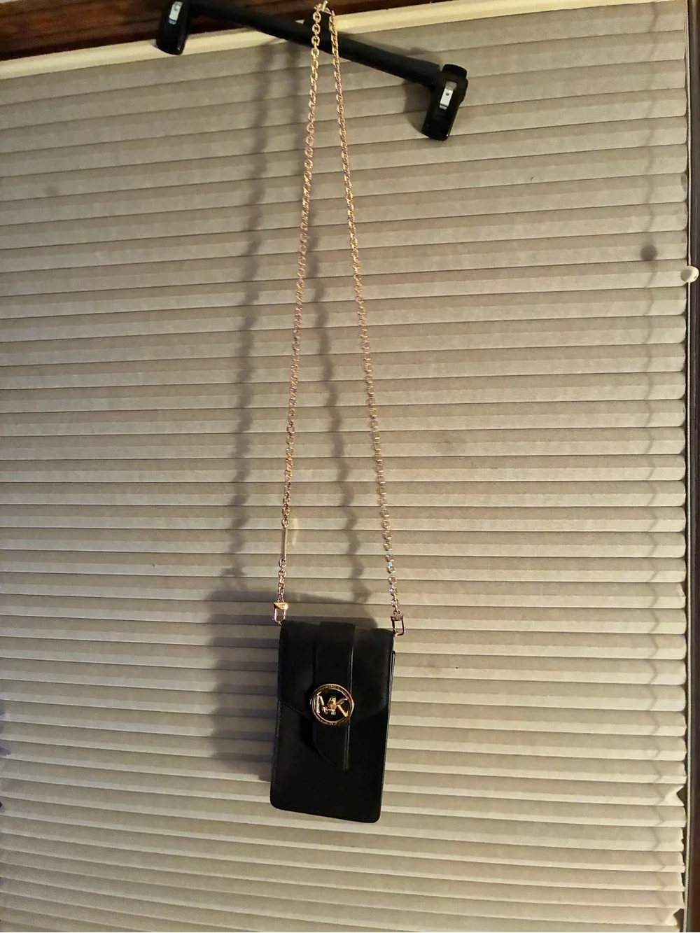 Michael Kors Black Leather Phone Crossbody with Gold Chain Strap